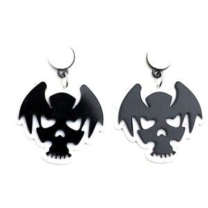 Halloween Earrings - Bat Skull Black and White -  Party Costume Jewelry - 1.5"